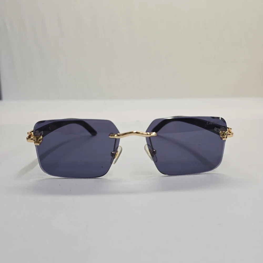 Cartier Panthere Rimless Sunglasses Gold Wood Blue Tint CT0065S